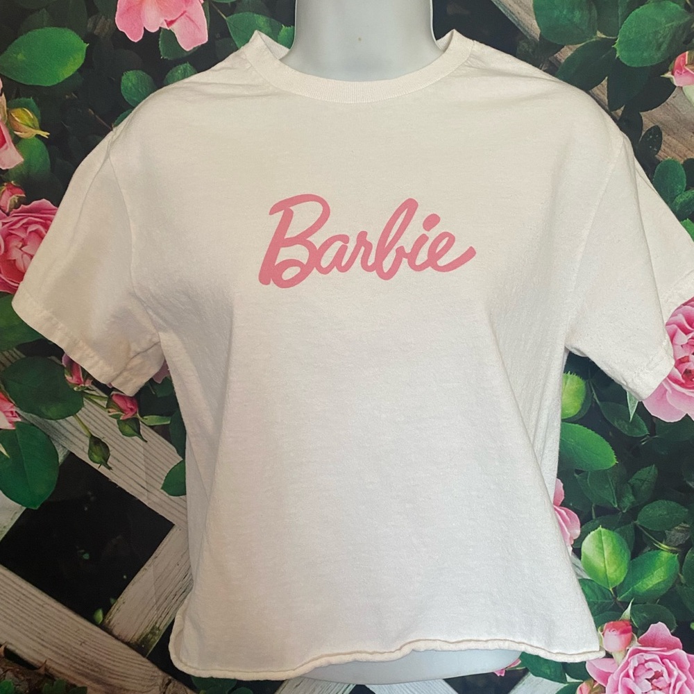 White T-Shirt with Pink Barbie Logo